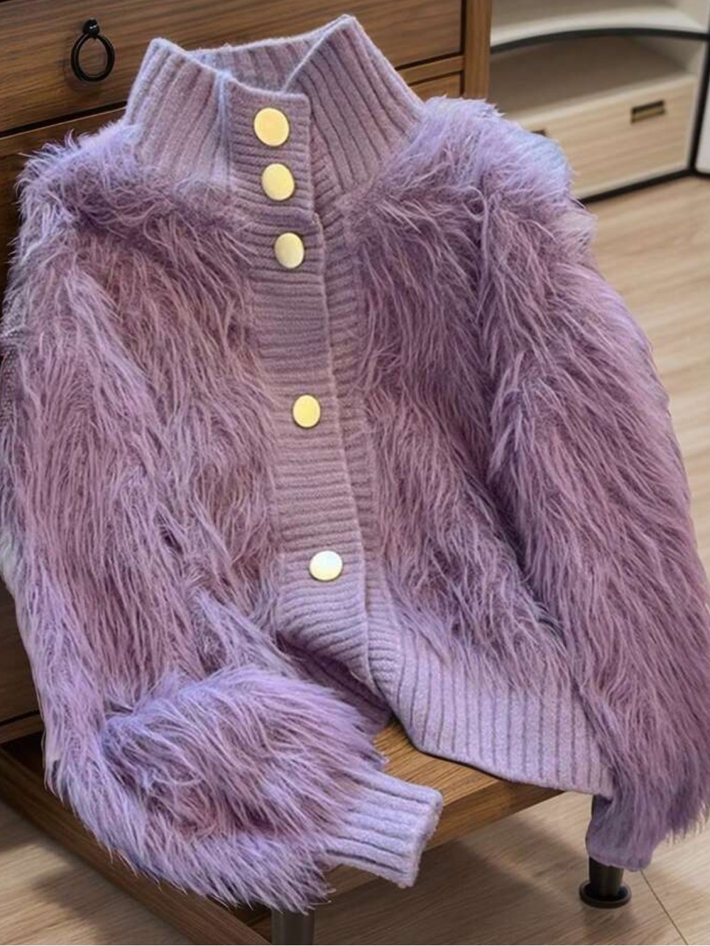 Korean Style Fluffy Knit Cardigan - Soft Faux Fur Sweater With Fan-Shaped